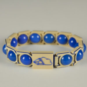 Blue agate sphere bracelet in blue and tan, front view
