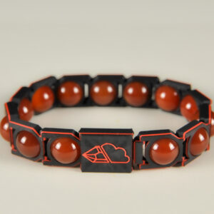 Red agate sphere bracelet in red and black, front view